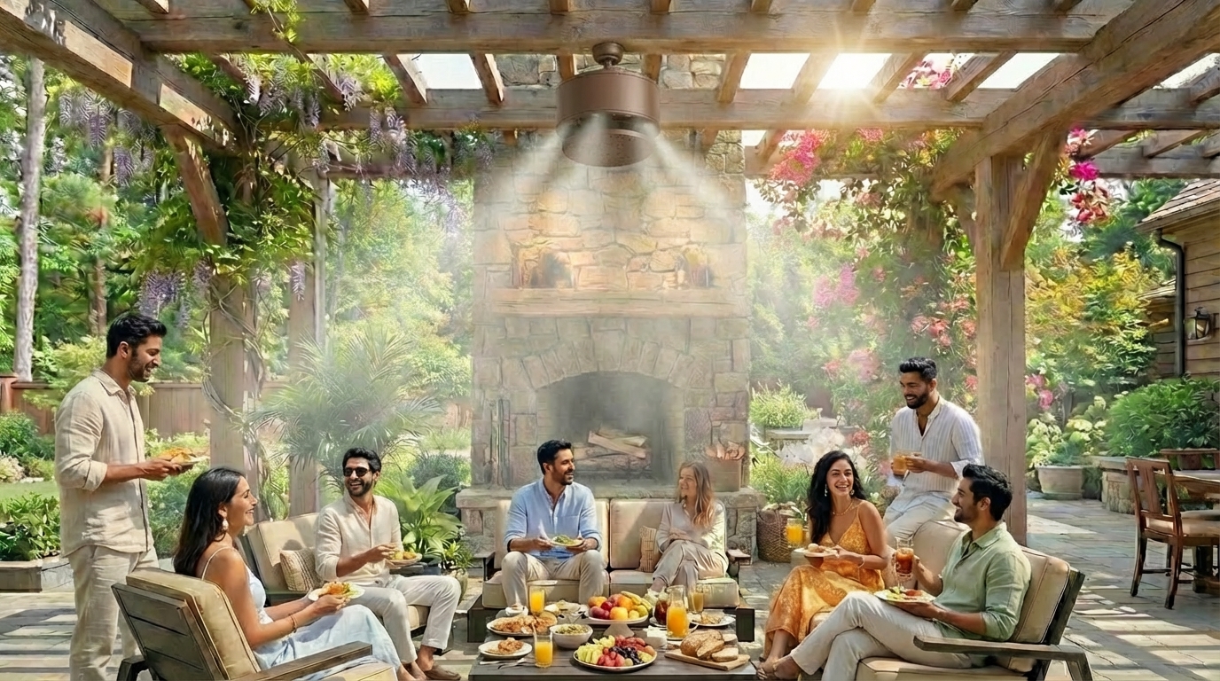 Outdoor dining under a cool mist breeze